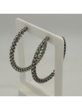 Clear Rhinestone Silver Tone Multi Row Statement Hoop Earrings Sparkly Pave Bli